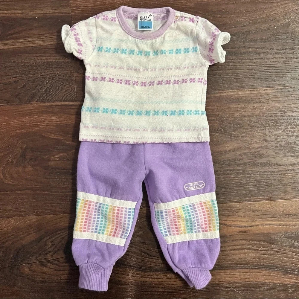 Vintage 12 month baby girl bundle lot purple pants and short sleeve shirt